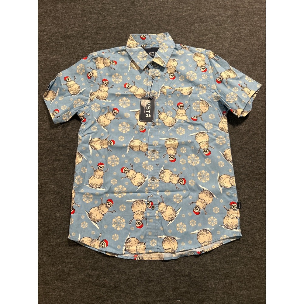 VSTR Button Up Shirt Mens Small Blue Skull Snowman Christmas Short Sleeve